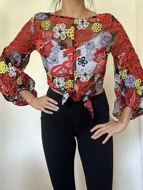 Monaco Floral Lace Tie-Front Crop Top in Multicolor